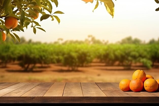 Table en bois vide avec de l'espace libre sur des orangers arrière-plan de champ d'orange Pour le montage d'affichage de produits IA générative