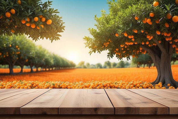 Table en bois vide avec de l'espace libre sur des orangers à l'arrière-plan du champ d'orange