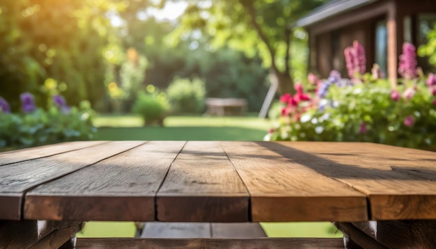 Une table en bois vide, l'été flou, jardin vert dans l'arrière-cour.