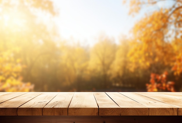 Photo table en bois vide à la fenêtre floue avec fond de forêt d'automne