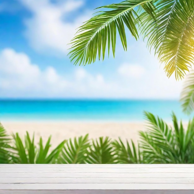 Table en bois vide avec des feuilles de palmier floues avec une fête sur la plage générée par l'IA