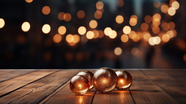 Photo table en bois vide et flou de la pièce avec un arrière-plan d'arbre de noël ia générative