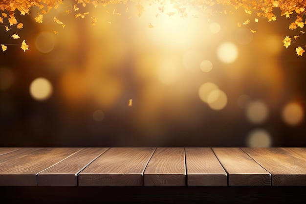 Table en bois vide avec fond d'automne brillant d'or