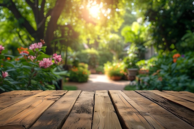 Table en bois vide avec fond de beau jardin de fleurs flou