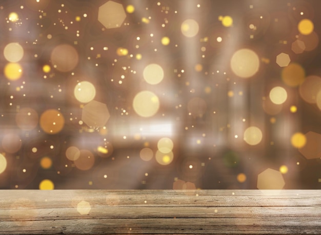 Table en bois vide sur un fond bokeh clair et flou