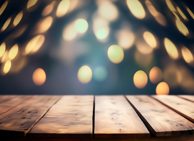 Table en bois vide avec un fond bokeh