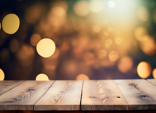 Table en bois vide avec un fond bokeh