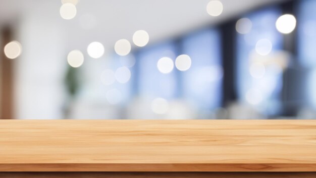 Table en bois vide sur fond de café ou de bureau flou montage d'affichage de produit