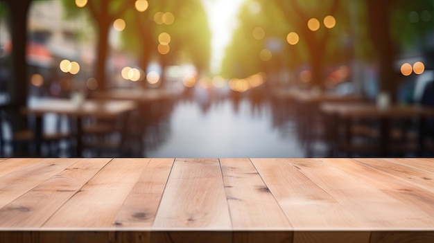 Table en bois vide et fond de café flou affichage du produit