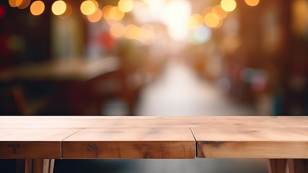 Table en bois vide et fond de café flou affichage du produit