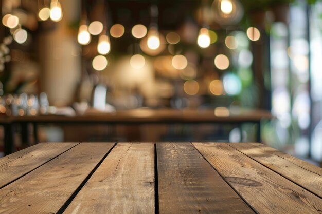 Table en bois vide avec fond de café flou pour l'affichage