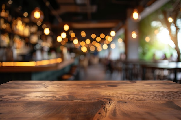 Une table en bois vide sur un fond de café flou