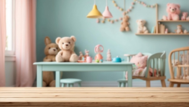 Photo table en bois vide avec fond de chambre de bébé flou