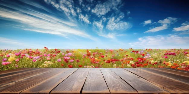 Table en bois vide avec fond de champ de fleurs espace libre pour l'affichage du produit Generative Ai