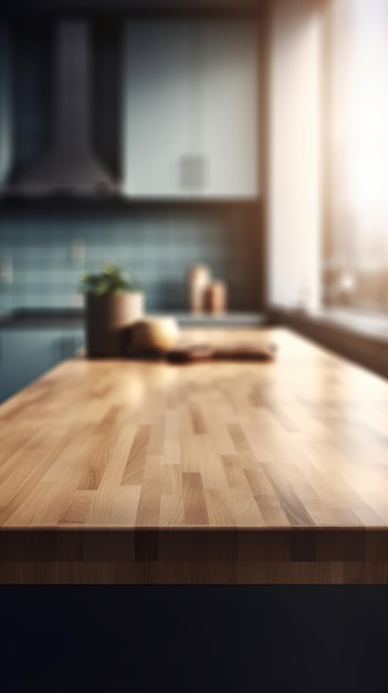 Table en bois vide avec fond de cuisine flou et espace de copie