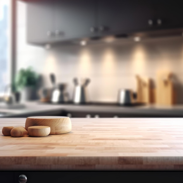 Table en bois vide avec fond de cuisine flou et espace de copie