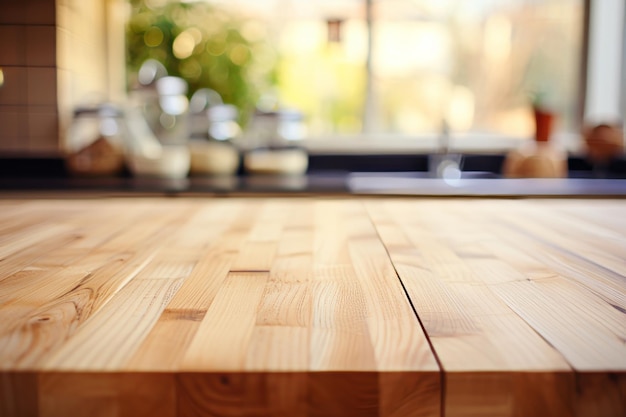 Table en bois vide avec fond de cuisine flou Idéal pour le placement de produits