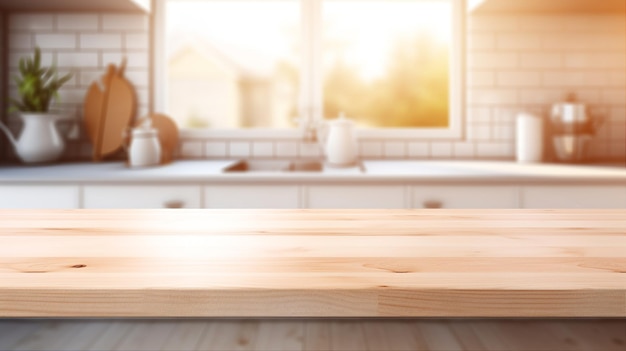 Table en bois vide sur fond de cuisine floue pour l'affichage du produit AI générative