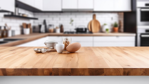 Table en bois vide avec fond de cuisine floue