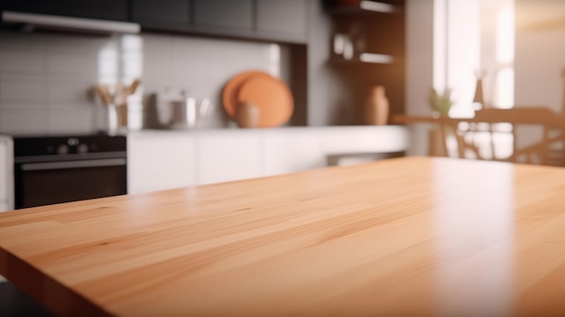 Table en bois vide sur fond de cuisine Illustration AI Générative