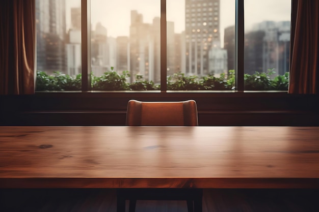 Table en bois vide avec un fond extérieur flou