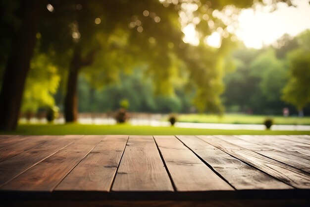 Table en bois vide avec un fond extérieur flou