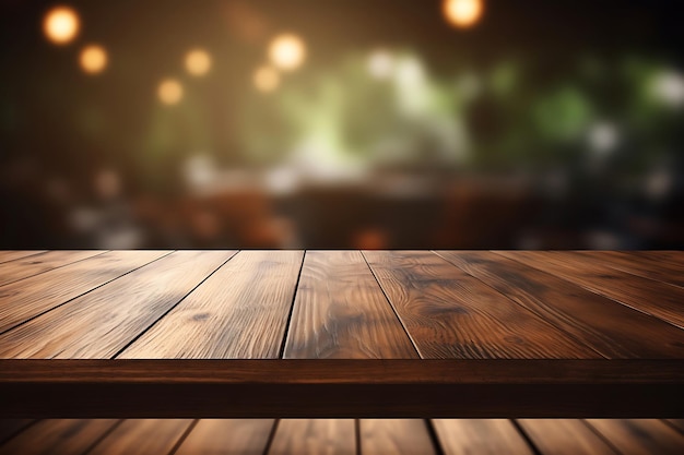 Table en bois vide avec un fond extérieur flou