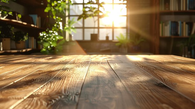 Table en bois vide avec un fond flou du bar et du bistro