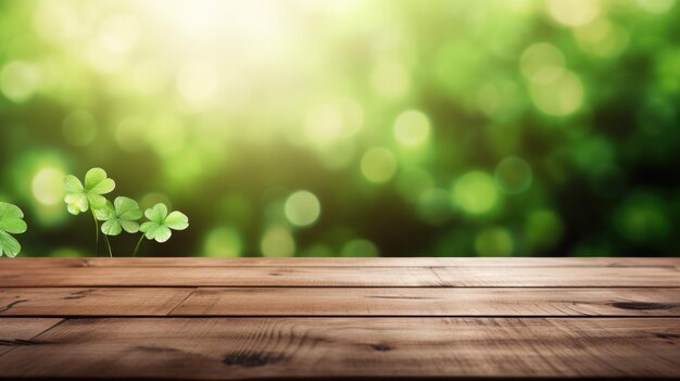 Une table en bois vide et un fond flou de la fête de Saint-Patrick