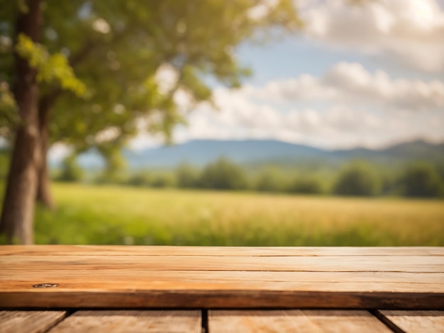 Table en bois vide avec un fond flou de montagnes enneigées et d'arbres