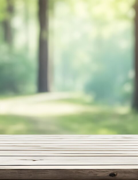 Photo table en bois vide avec un fond flou de montagnes enneigées et d'arbres