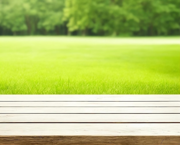 Table en bois vide avec fond flou de prairies et de fermes