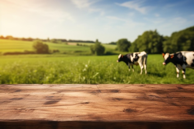 Table en bois vide et fond flou de vaches sur un champ vert