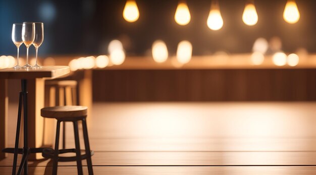 Une table en bois vide et un fond flou