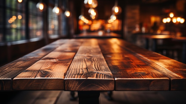 La table en bois vide avec un fond flou