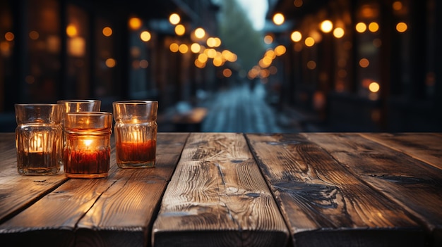 La table en bois vide avec un fond flou