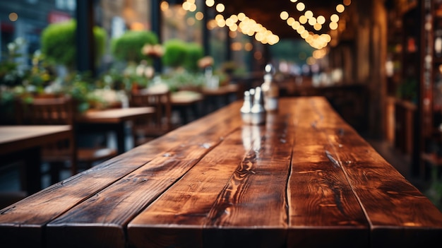 La table en bois vide avec un fond flou