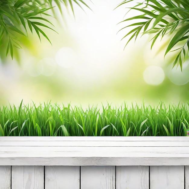 Table en bois vide avec un fond d'herbe floue généré par l'IA