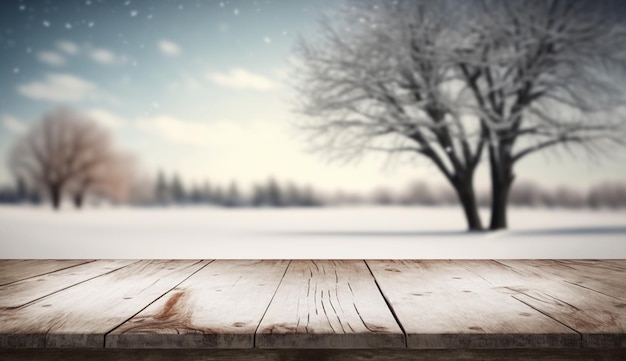 Table en bois vide avec fond d'hiver flou