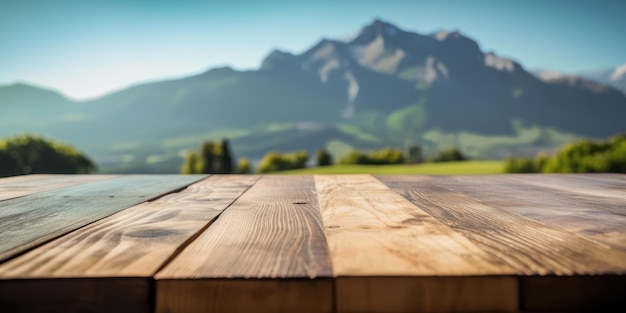 Table en bois vide sur fond de montagne Bureau d'espace libre pour l'affichage du produit Generative Ai