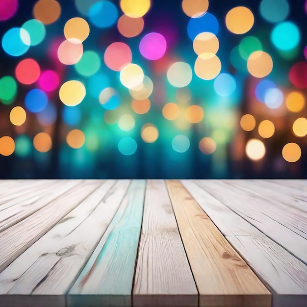 Table en bois vide avec fond multicolore de lumière nocturne bokeh abstraite générée par l'IA