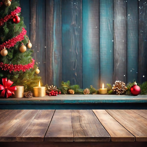 Une table en bois vide avec un fond de Noël étincelant généré par l'IA