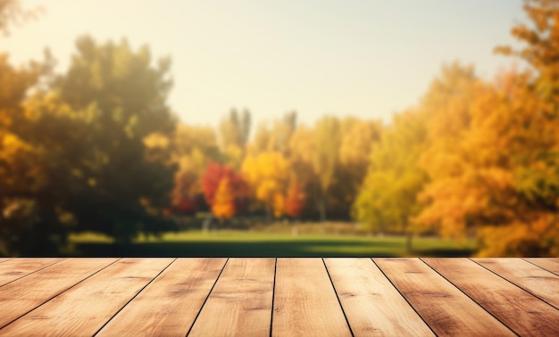 Table en bois vide avec fond de parc d'automne