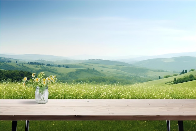 Table en bois vide avec fond de paysage naturel