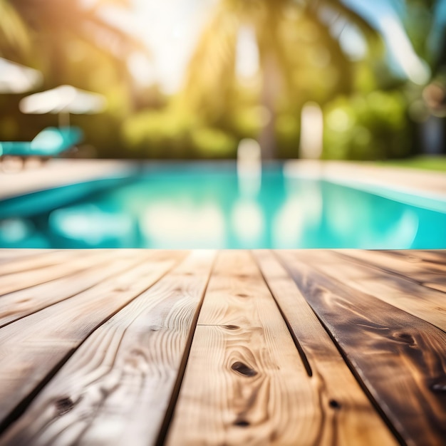 Table en bois vide fond de piscine d'été flou avec espace de copie pour votre produit Maquette ou modèle de voyage et de vacances