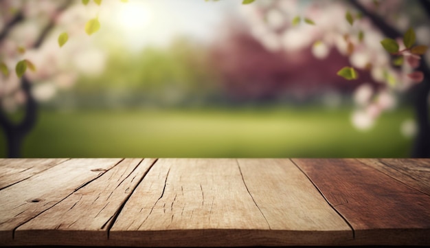 Table en bois vide avec fond de printemps flou