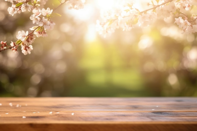 Table en bois vide avec fond de printemps