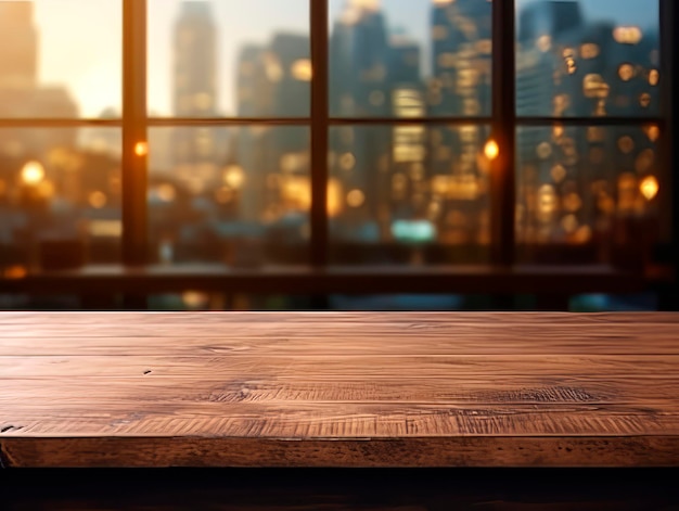 Table en bois vide et fond de vue floue sur la ville, montage d'affichage du produit, IA générative