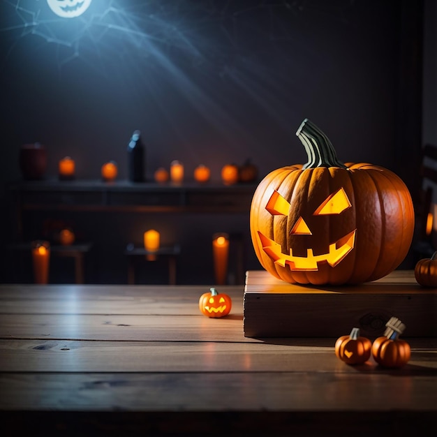 une table en bois vide d'Halloween avec un fond lumineux flou