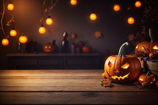 une table en bois vide d'Halloween avec un fond lumineux flou
